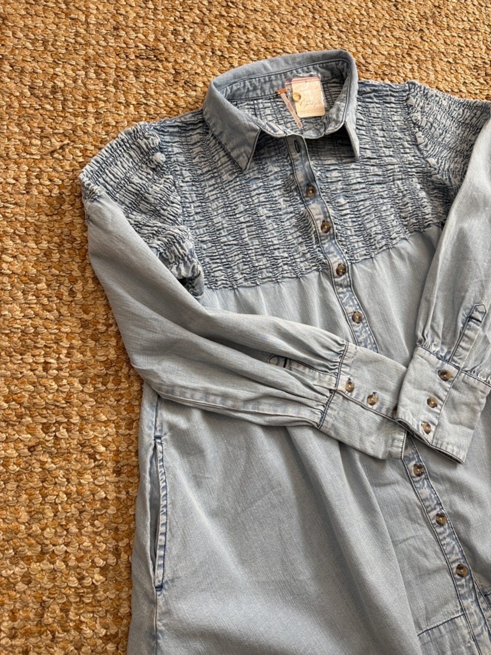 Free People Washed Blue Smocked Denim Mini Dress - Picture 3 of 9